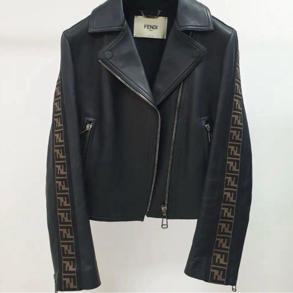 Fendi Jackets & Blazers - Fendi Black Leather Jacket with Brown Logo Accents (fits like a Medium/Large)
